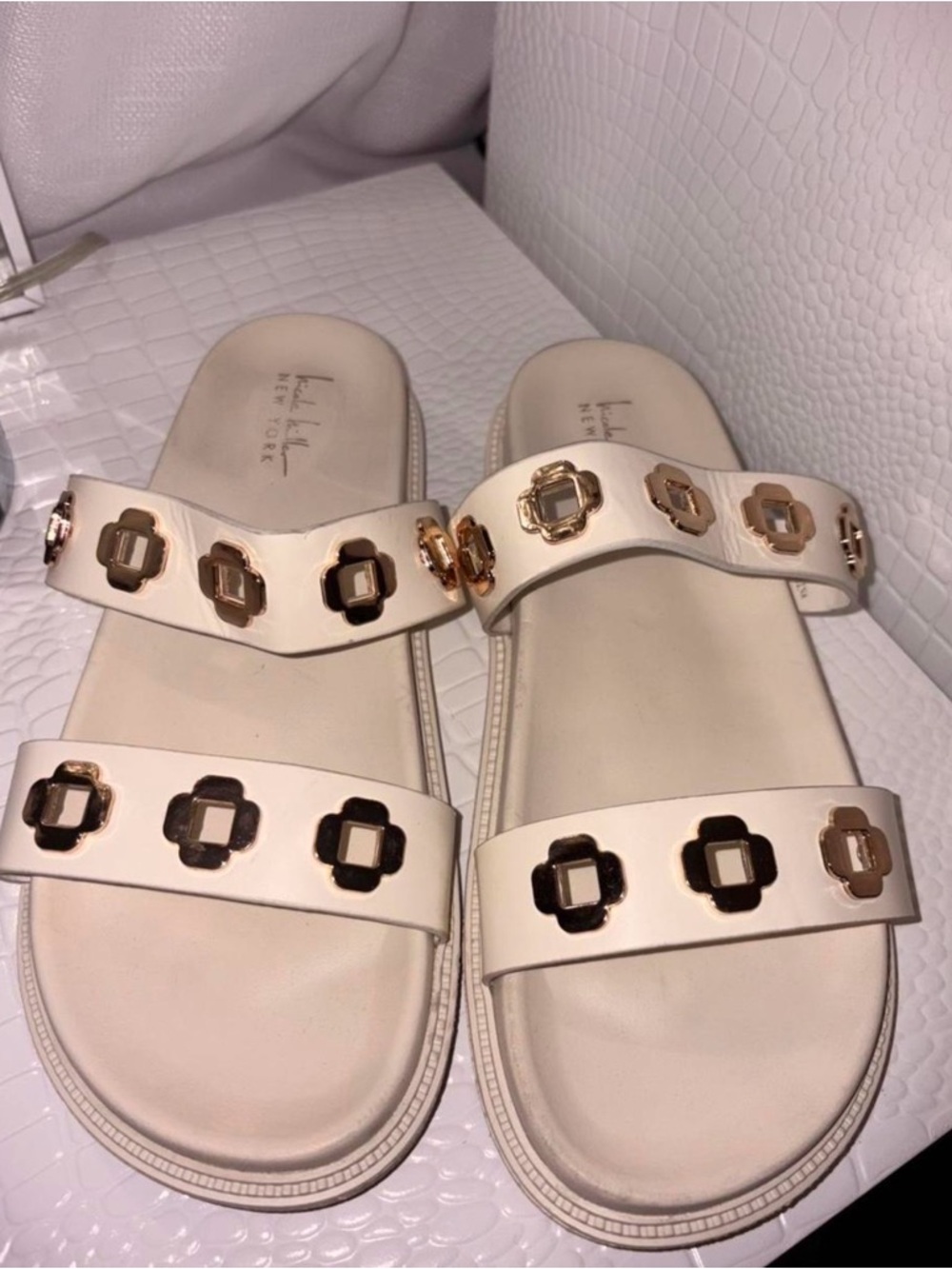 Nicole Miller New York Cream Double-Strap Slide Sandals with Gold Details